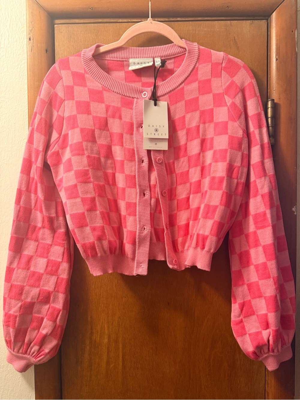 Daisy Street Pink Check Cropped Cardigan